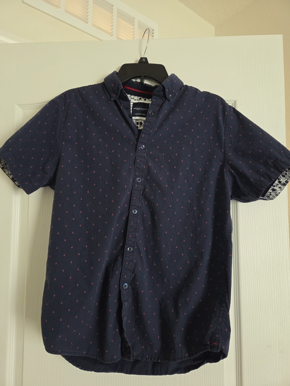 Denim & Flower Navy Short-Sleeve Button-Down with Pink Micro Print